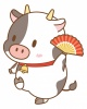 扇を持つ牛さん(丑、うし、正月、干支、年賀状、扇子、ビーフ)