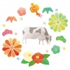 牛と正月飾り　水彩風(松竹梅、ツバキ、椿、達磨、打ち出の小槌)