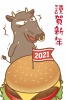 丑年　年賀状テンプレート042(牛、うし、ウシ、ハンバーガー、ファストフード、面