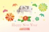 丑年　年賀状テンプレート063(牛、うし、ウシ、正月飾り、花、水彩風、華やか）