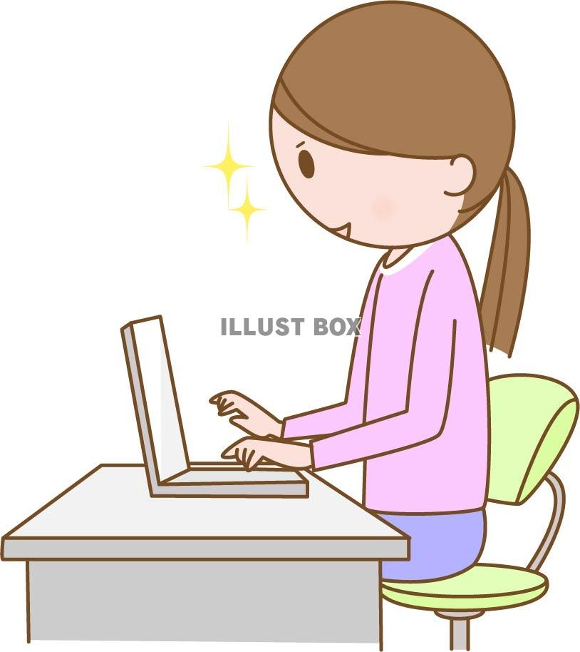 無料イラスト 良い姿勢でパソコン作業をする女性