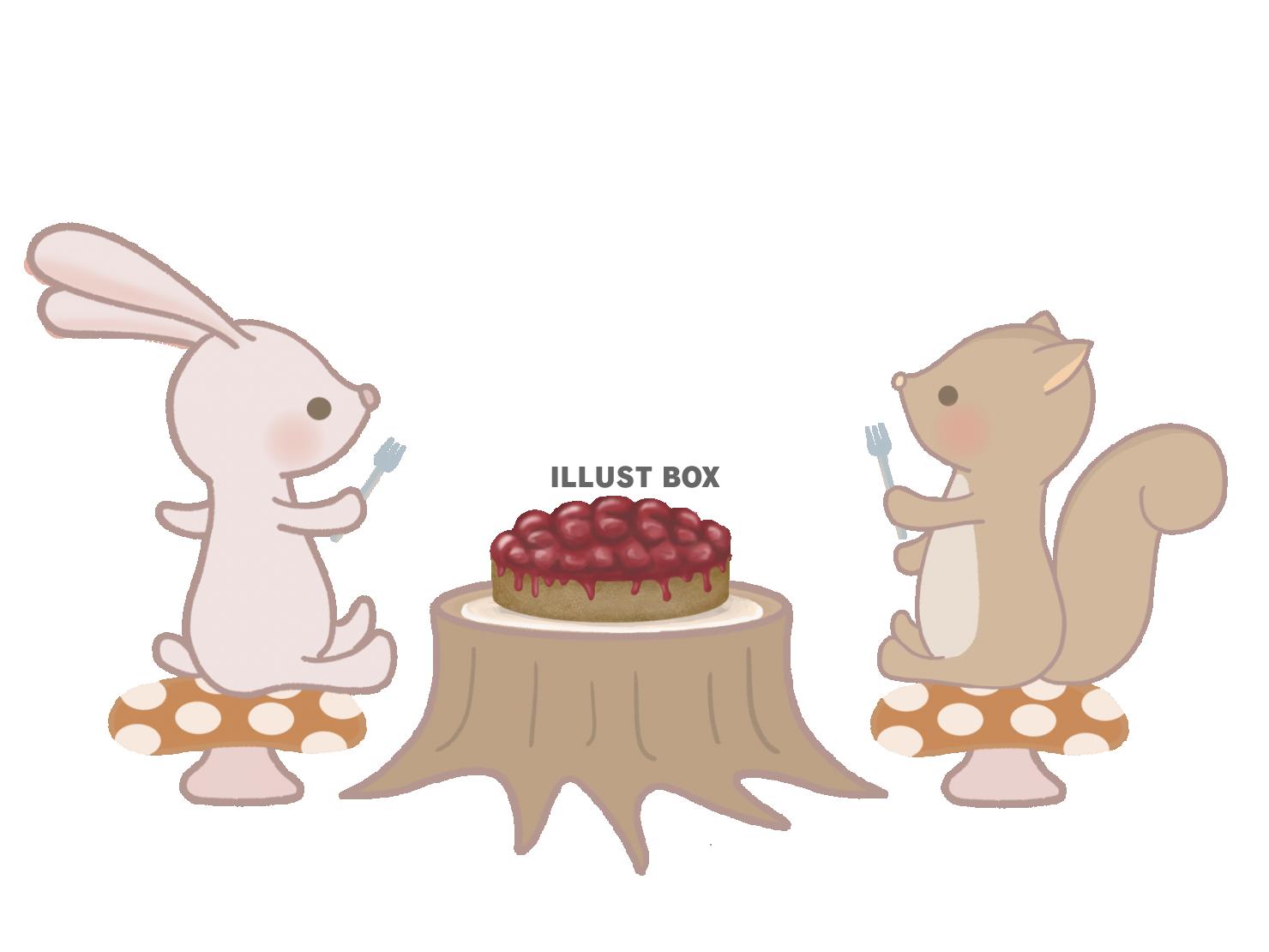 無料イラスト ケーキを食べるウサギとリス 線あり