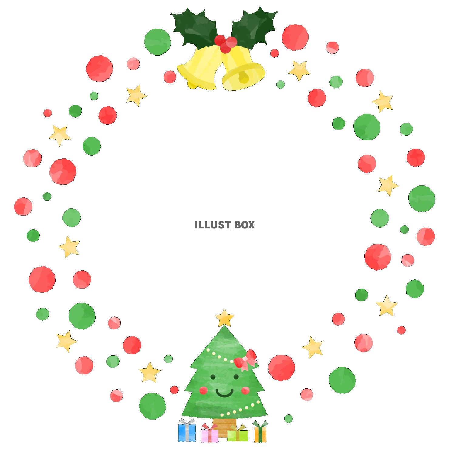 無料イラスト 笑顔のクリスマスツリー円形フレーム