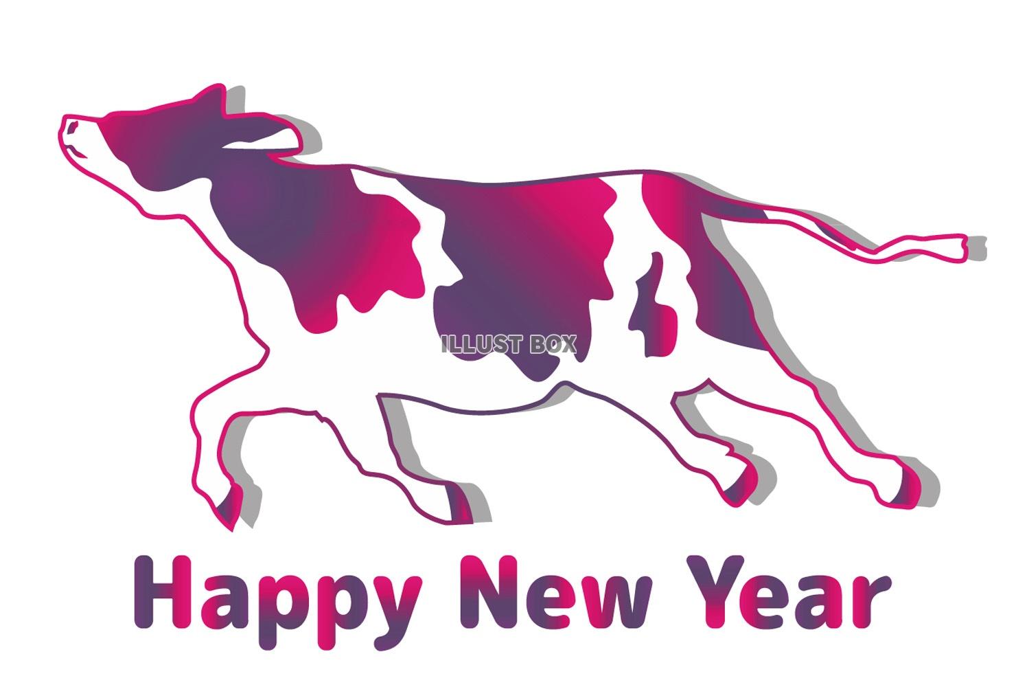 無料イラスト 丑年年賀状紫牛シンプル干支動物和サイバーパンク風1月冬新年素
