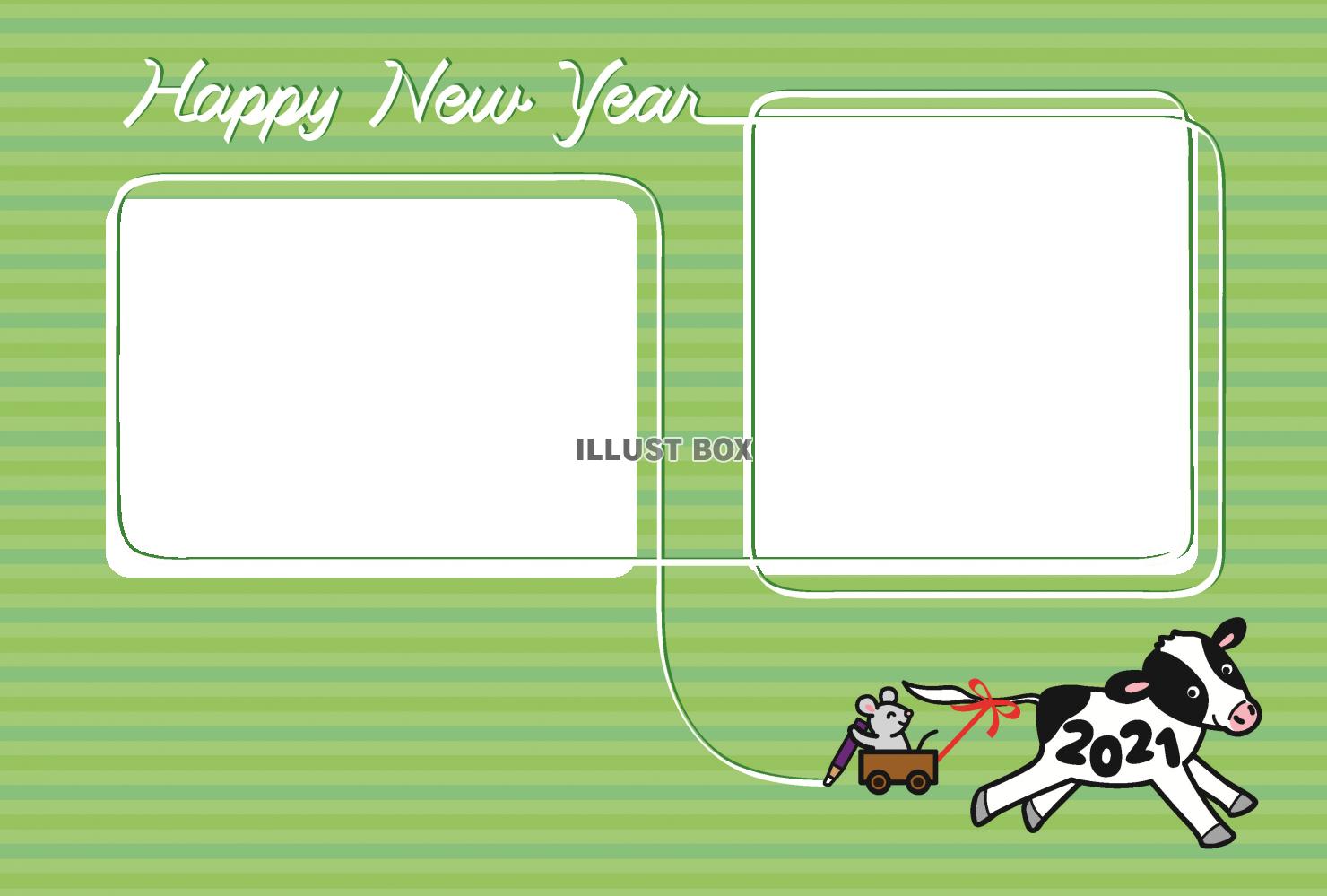 無料イラスト 牛とネズミが書いた写真フレームの年賀状 ２枚用
