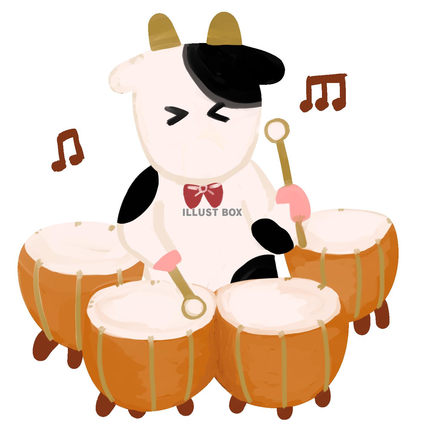 無料イラスト 楽器を演奏する牛 ティンパニ