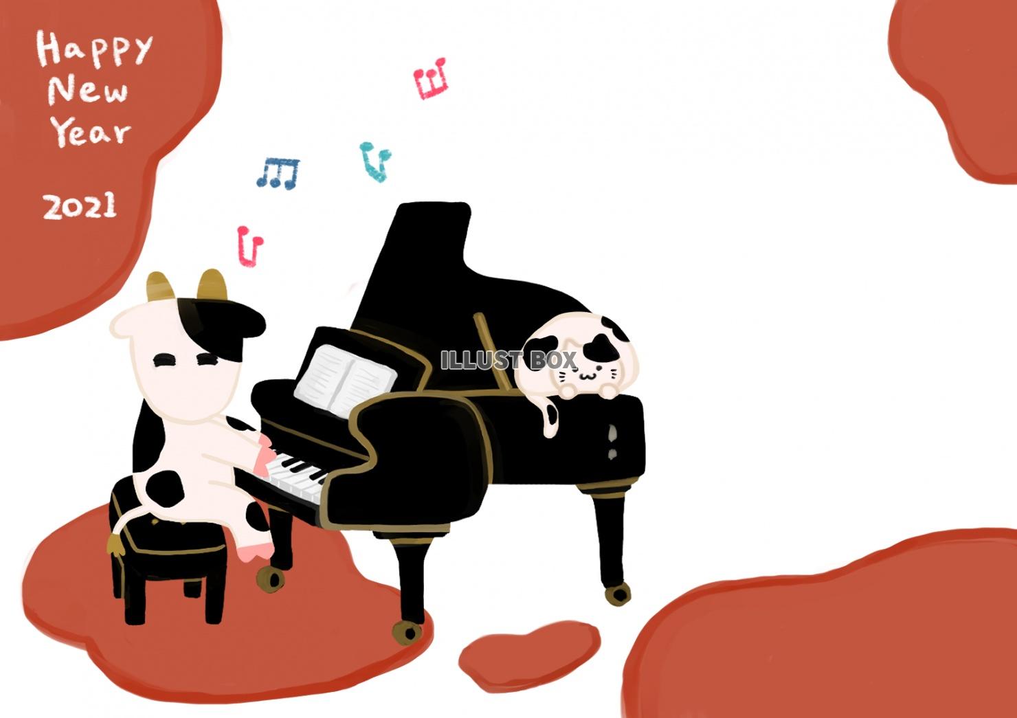 ピアノを演奏する牛と猫　年賀状　テンプレート　2021年