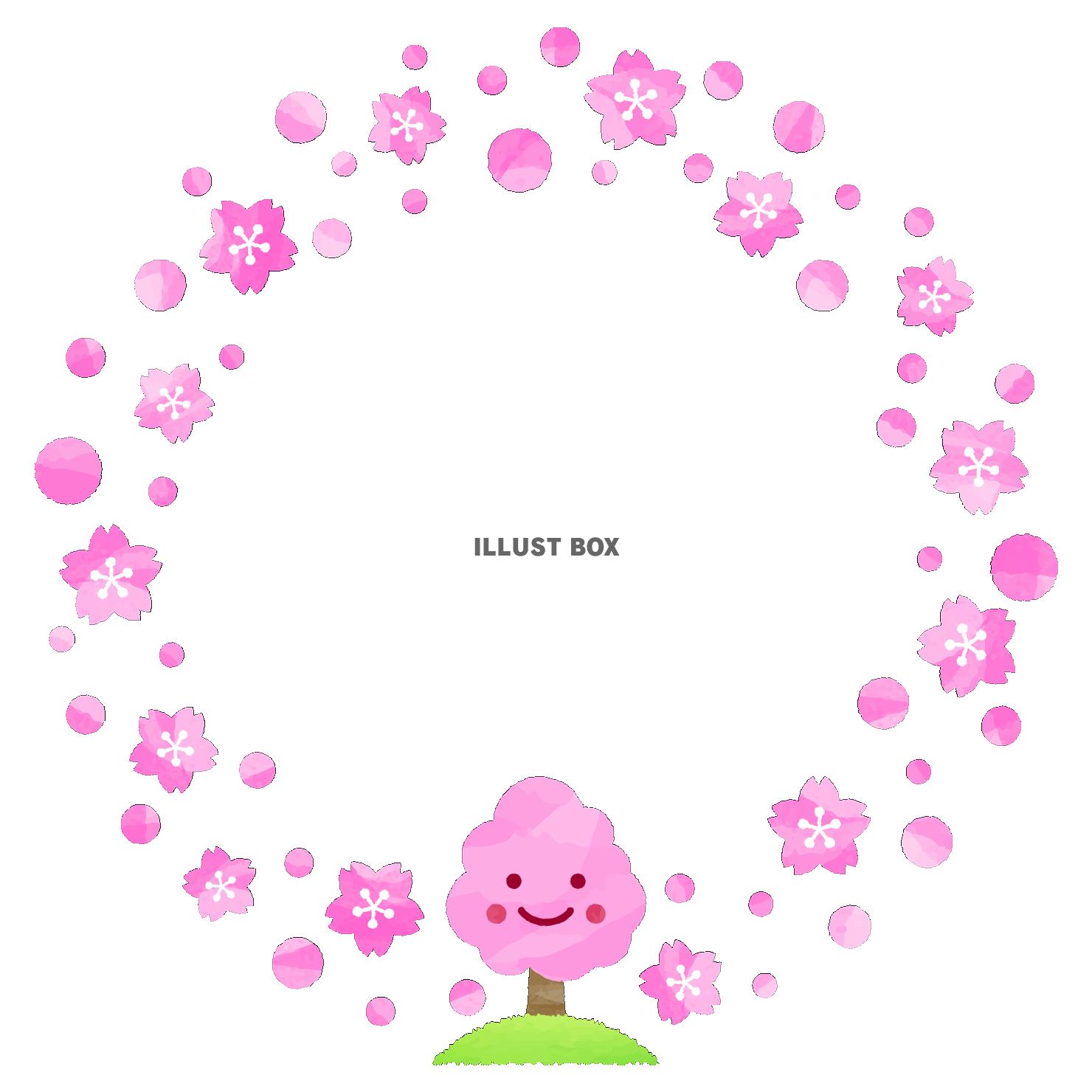 無料イラスト 笑顔の桜の木と桜の花円形フレーム