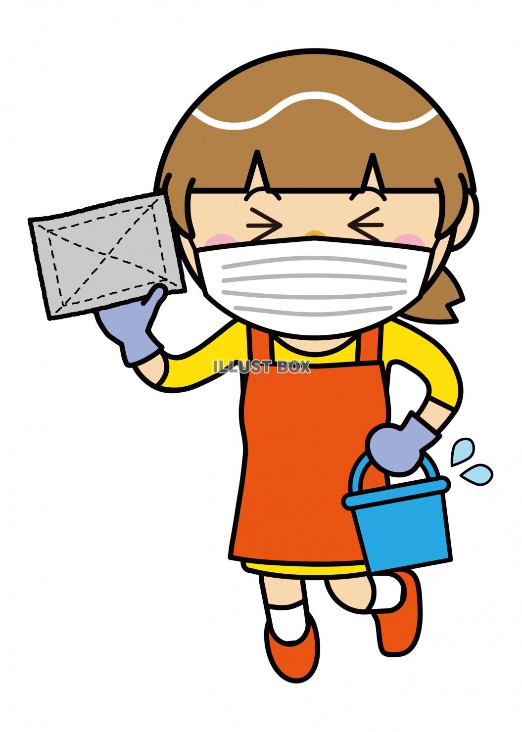 無料イラスト 女性21 04 マスク 手袋をして掃除