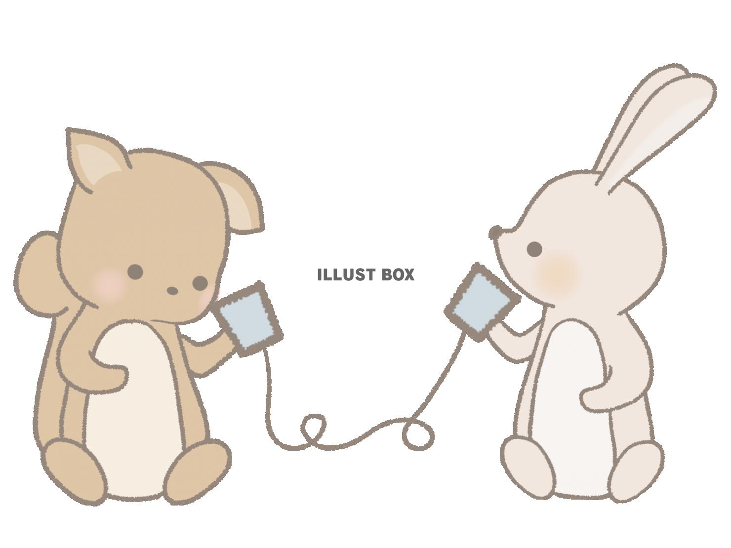無料イラスト 糸電話をするリスとウサギのイラスト 線あり