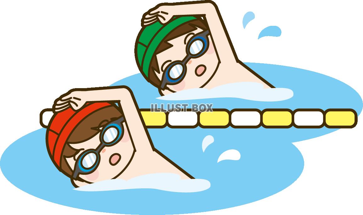 無料イラスト プールで泳ぐ子供2人