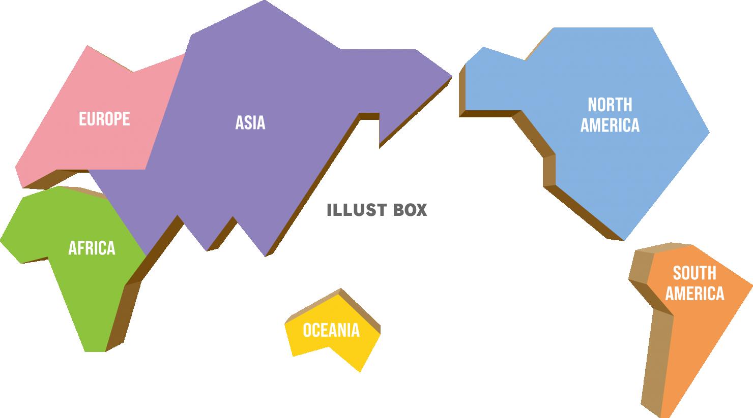無料イラスト シンプルな世界地図 大陸の色分け