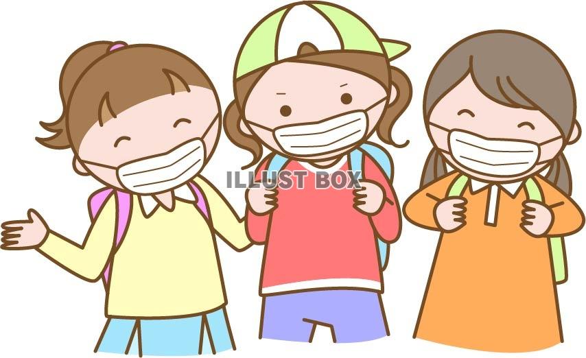 無料イラスト マスク着用で通学する小学生の子どもたち