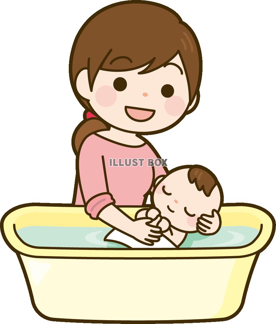 無料イラスト 赤ちゃんの沐浴をするママ