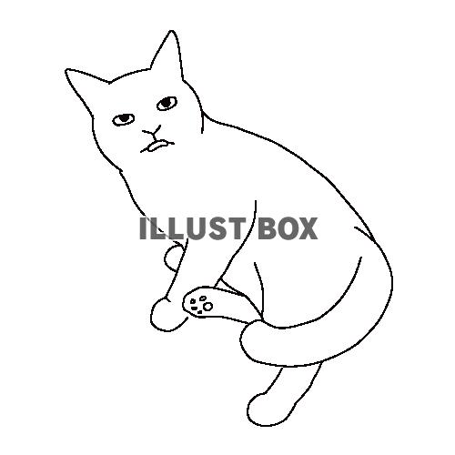 リラックスして舌を出している猫の全身線画イラスト