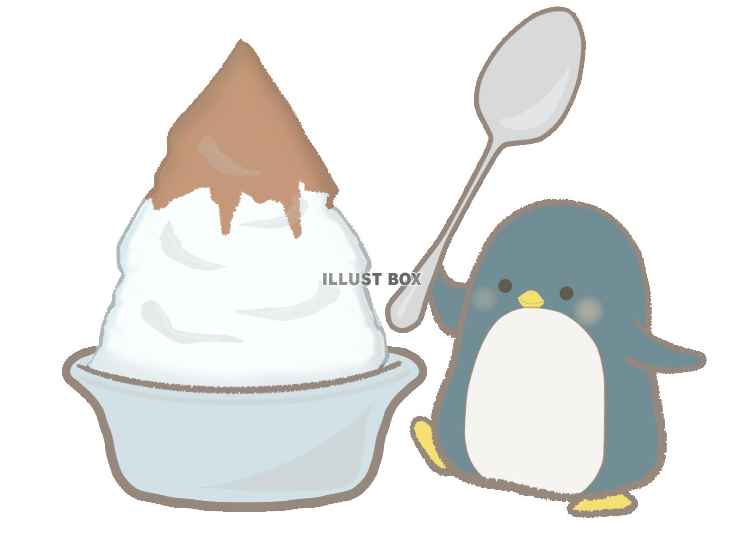 夏　かき氷を食べるペンギンのイラスト　線あり