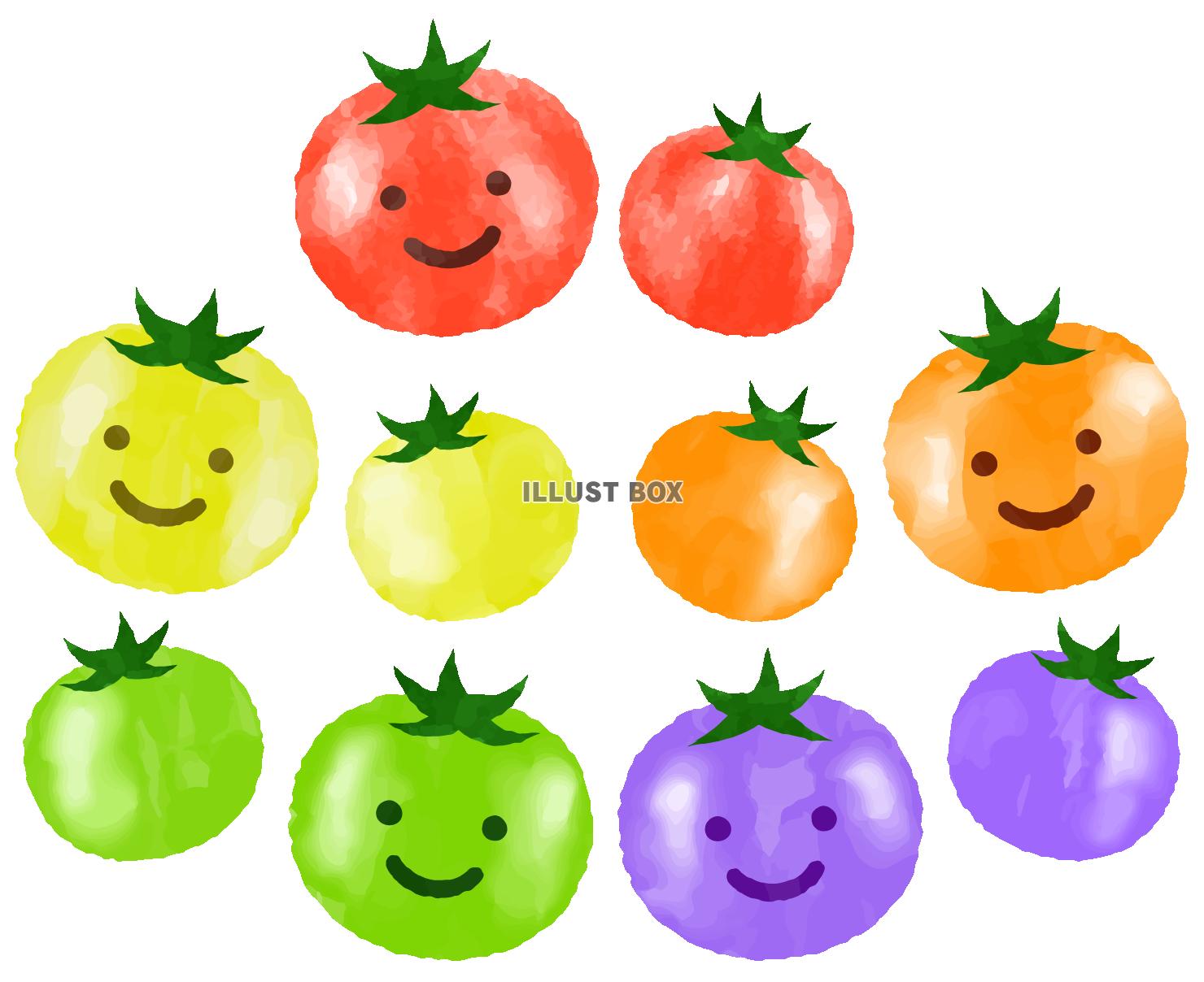 無料イラスト 笑顔のいろんな色のトマト