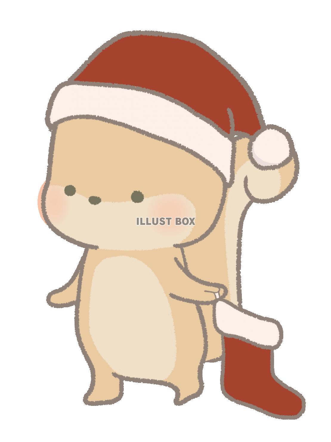 クリスマス　靴下をもつリスのイラスト　線あり