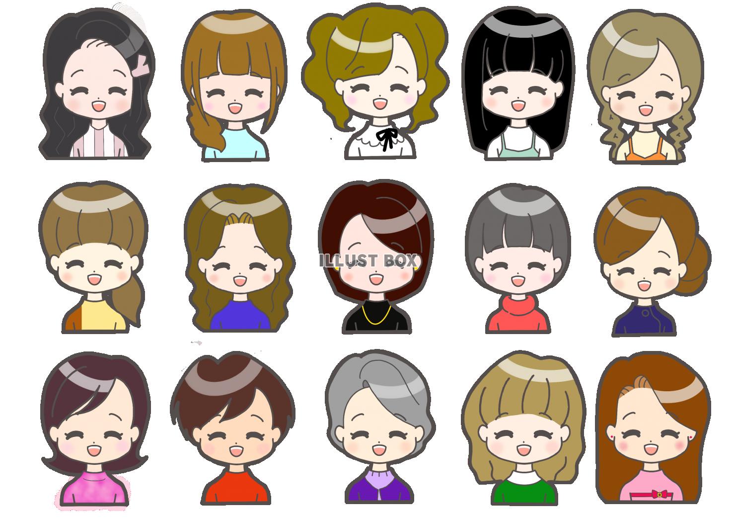 無料イラスト 色々な 女性 顔アイコン 15人 B にっこり笑顔