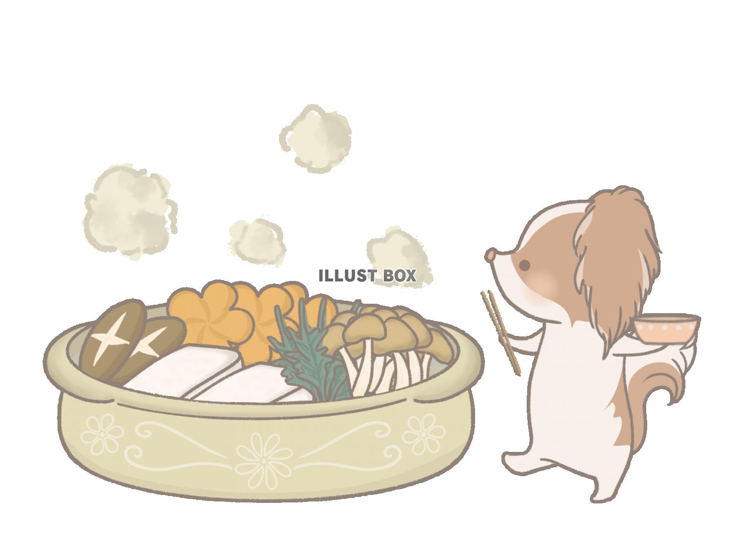 鍋料理を食べようとする犬のイラスト　線あり