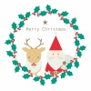 シンプルでおしゃれなクリスマスのイラスト　サンタクロースとトナカイ　柊に囲まれて　
