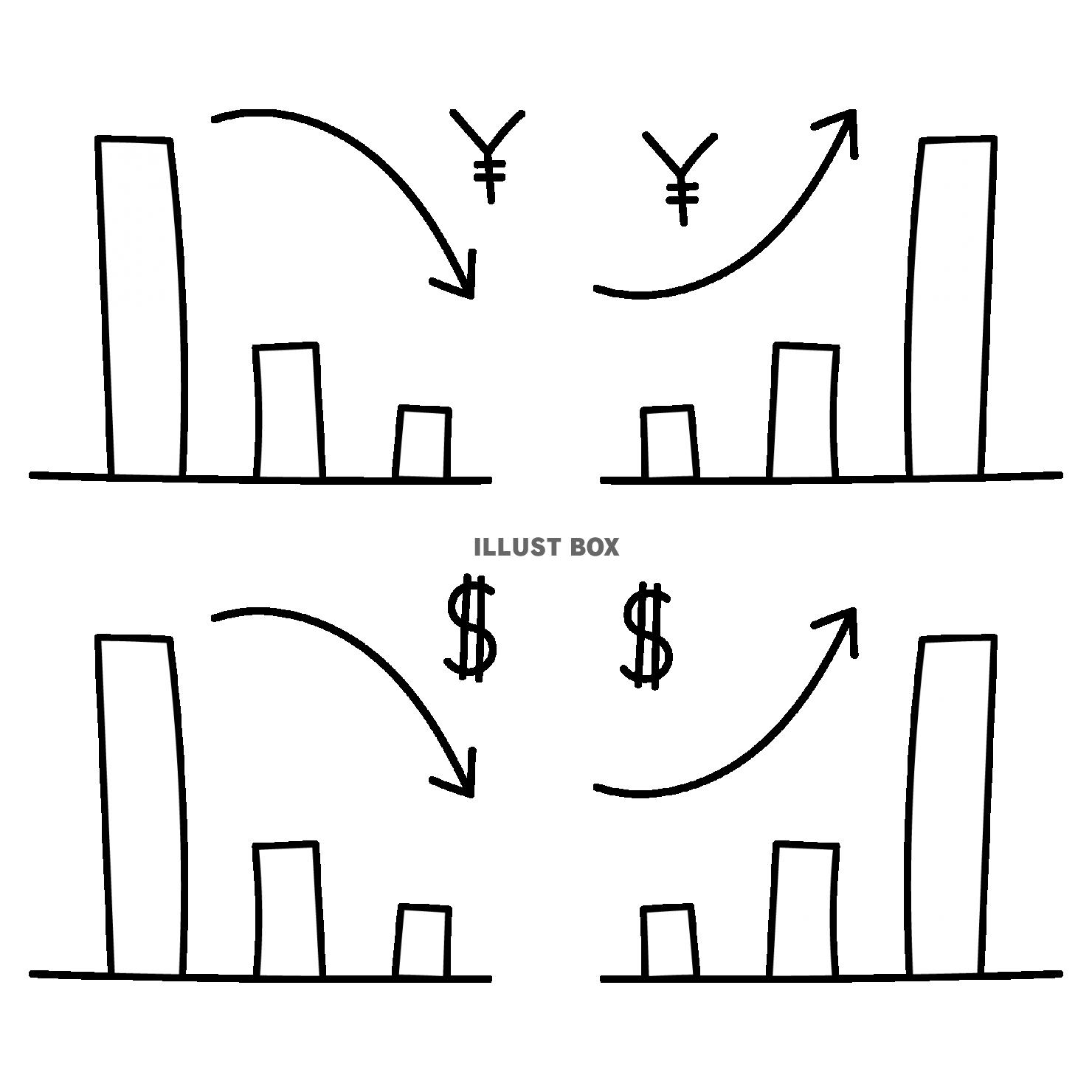 無料イラスト 10 イラスト 棒グラフ 上昇 下降 円 ドルマーク ４セッ
