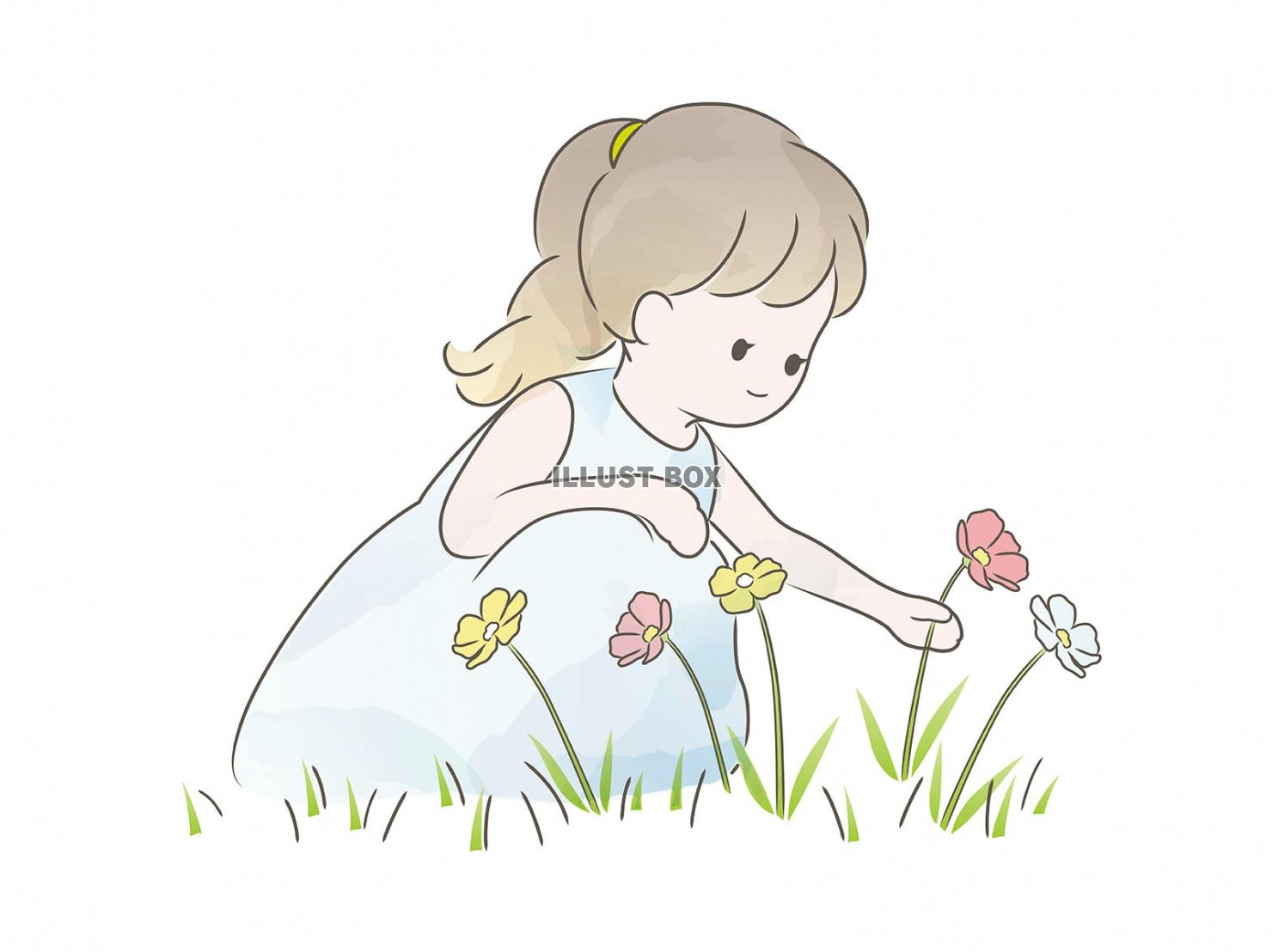 無料イラスト 花を摘む女の子の水彩風イラスト