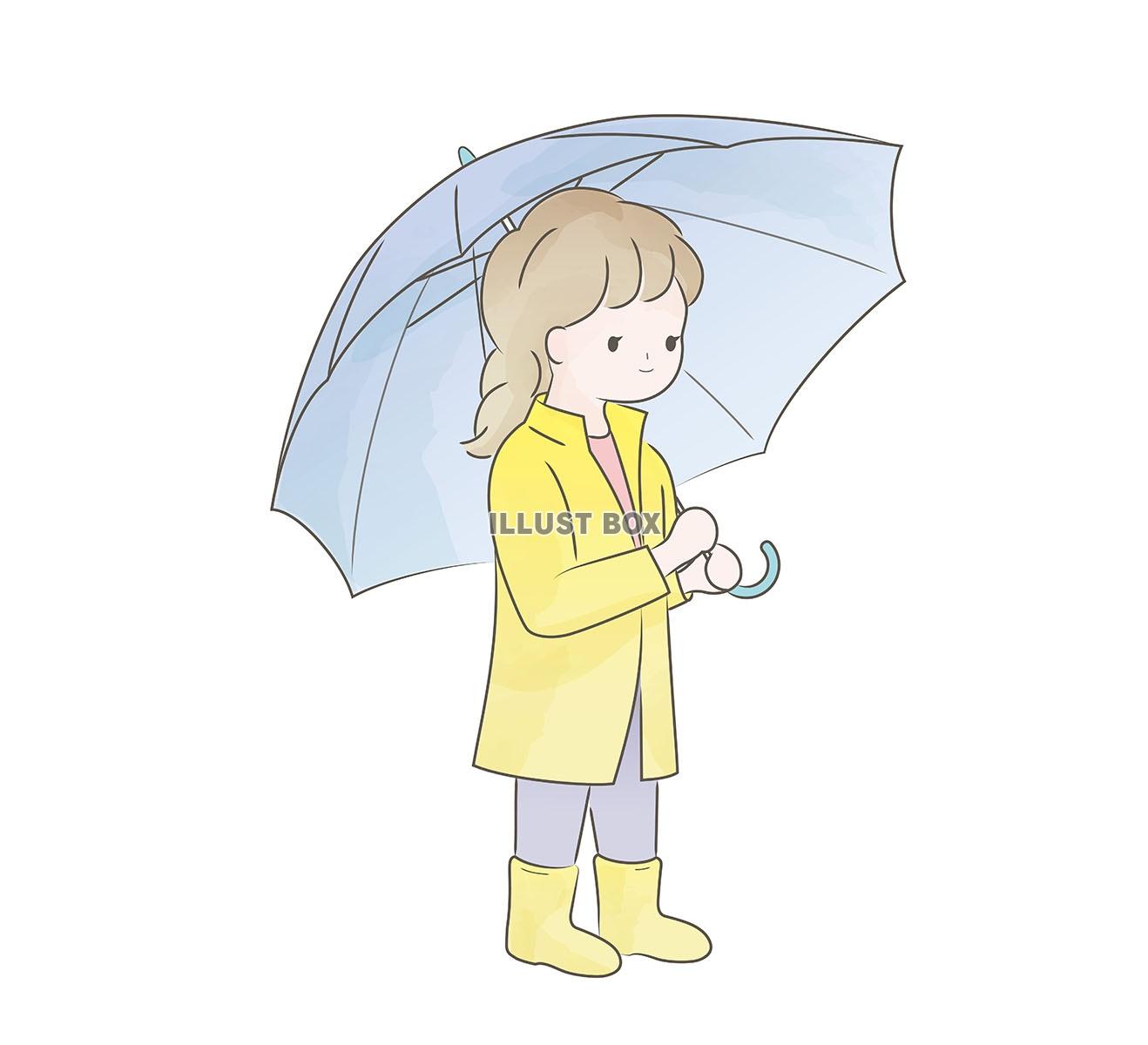 無料イラスト レインコートを着て傘をさした女の子の水彩風イラスト