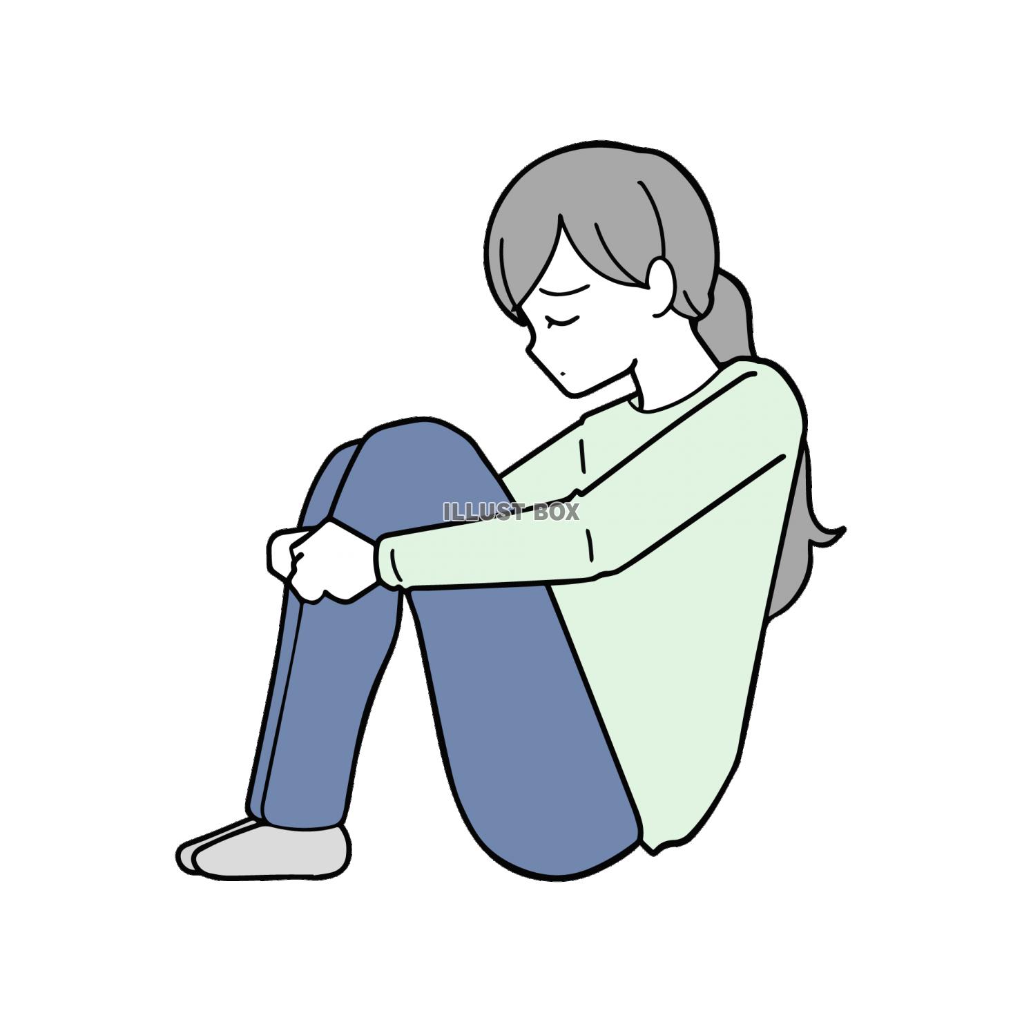 無料イラスト 不安や悩みで膝を抱えて座る女性のイラスト