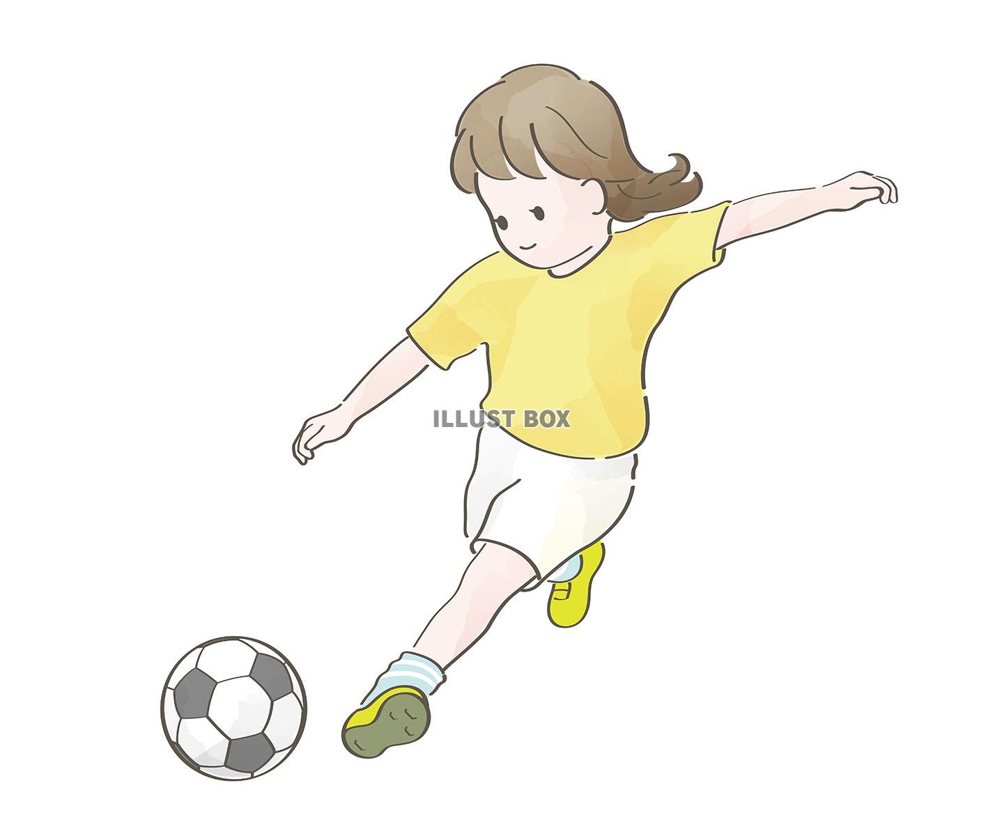 無料イラスト サッカーをする女の子の水彩風イラストです