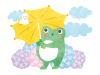 てるてる坊主をつけた、傘をさすカエルの水彩風イラスト