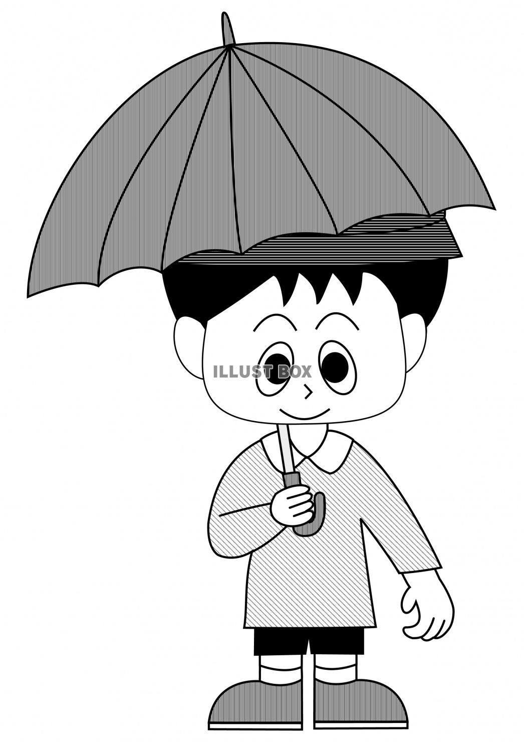 無料イラスト 傘をさす幼稚園児 男の子 白黒