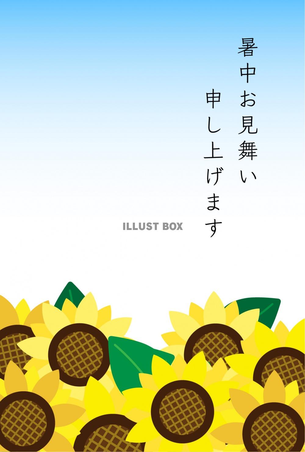 暑中見舞いハガキ11　文字あり　向日葵と空