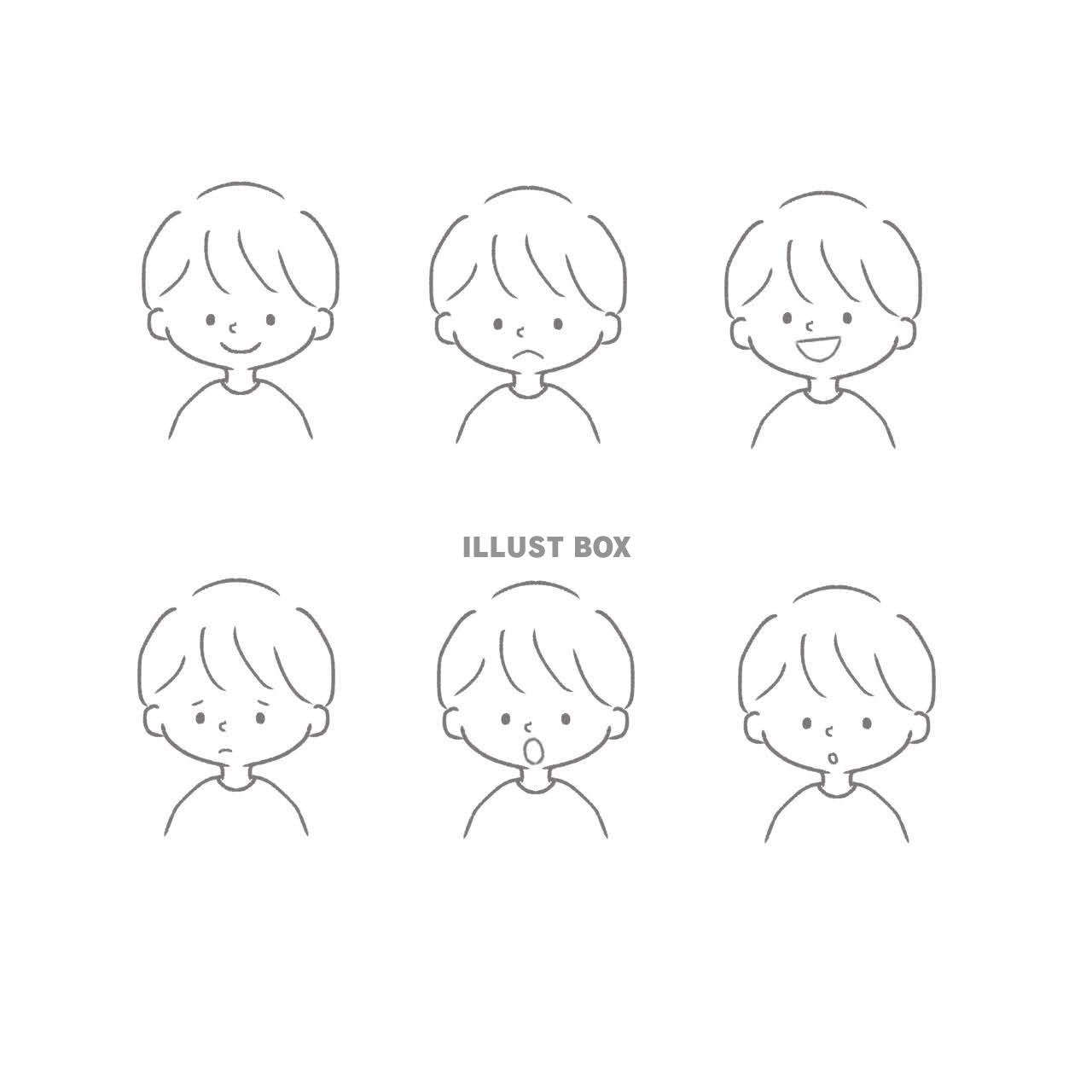 無料イラスト 手書き風のシンプルで可愛い男の子の6種類の表情セット