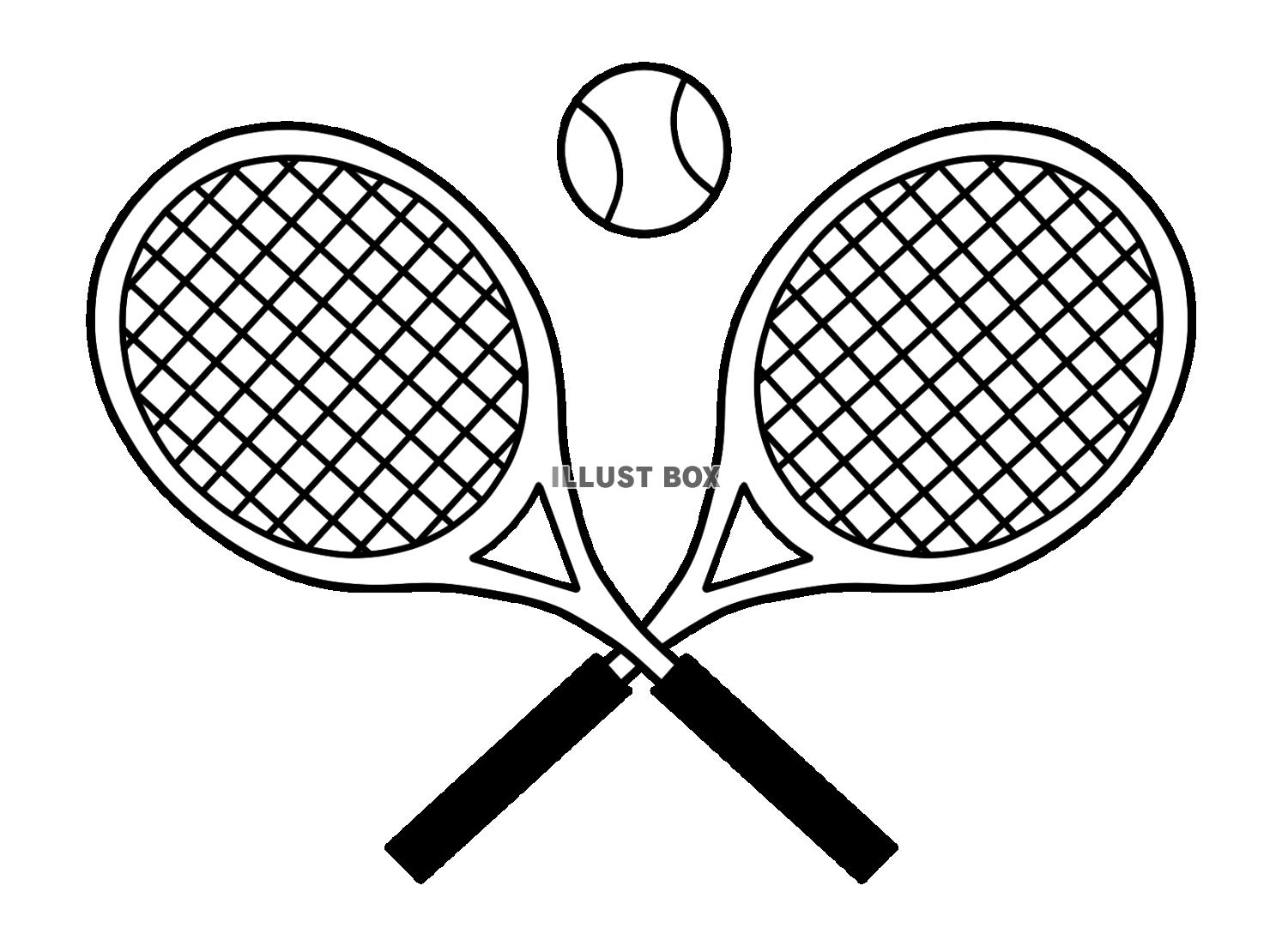 無料イラスト テニスボール２本の交差するテニスラケット モノクロ