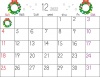 クリスマスリースのデザインの2022年12月の横型カレンダー