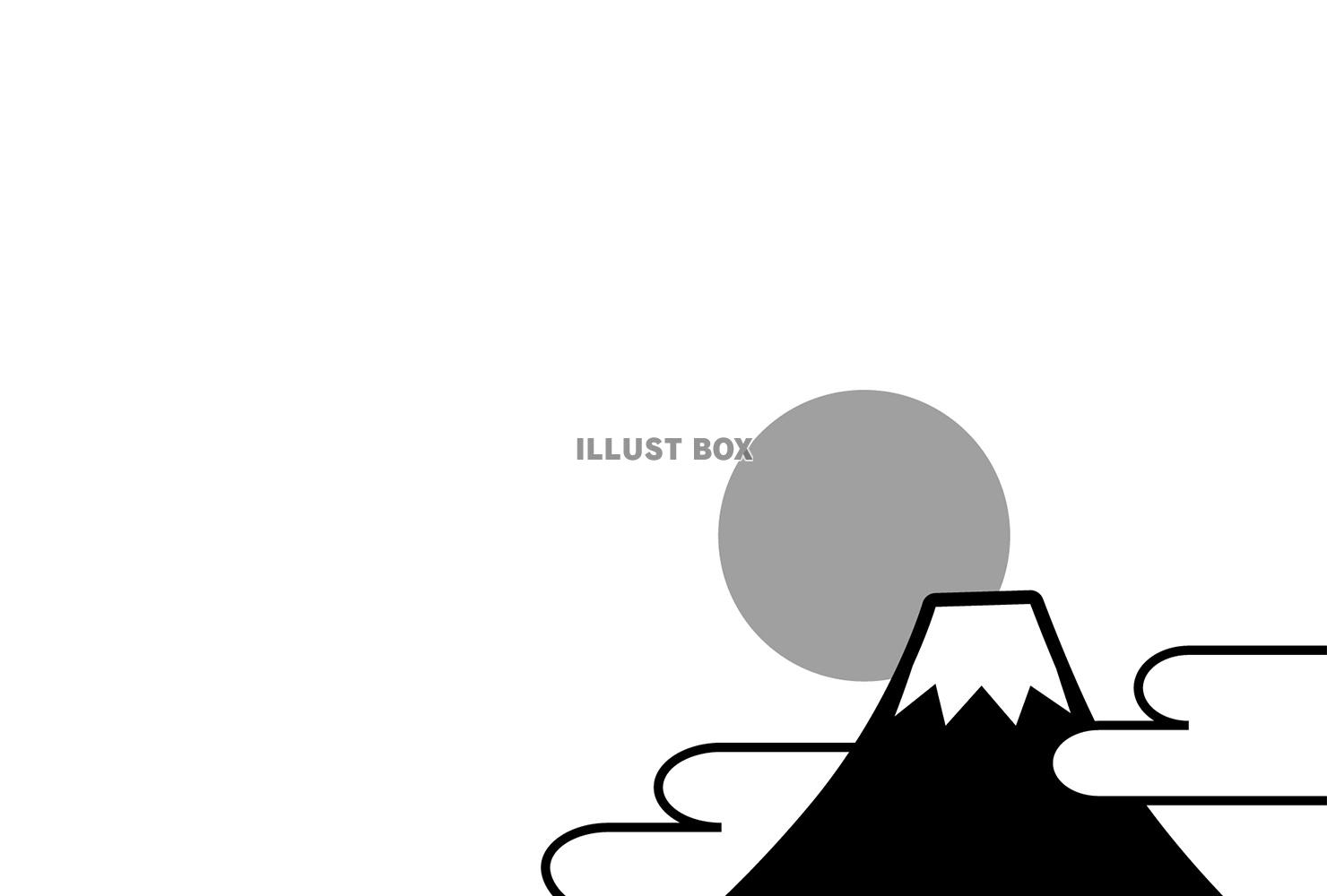 無料イラスト 富士山と初日の出の年賀状背景 白黒