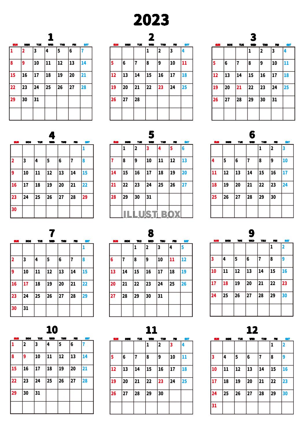 2023年・カレンダー・年間・シンプル・縦