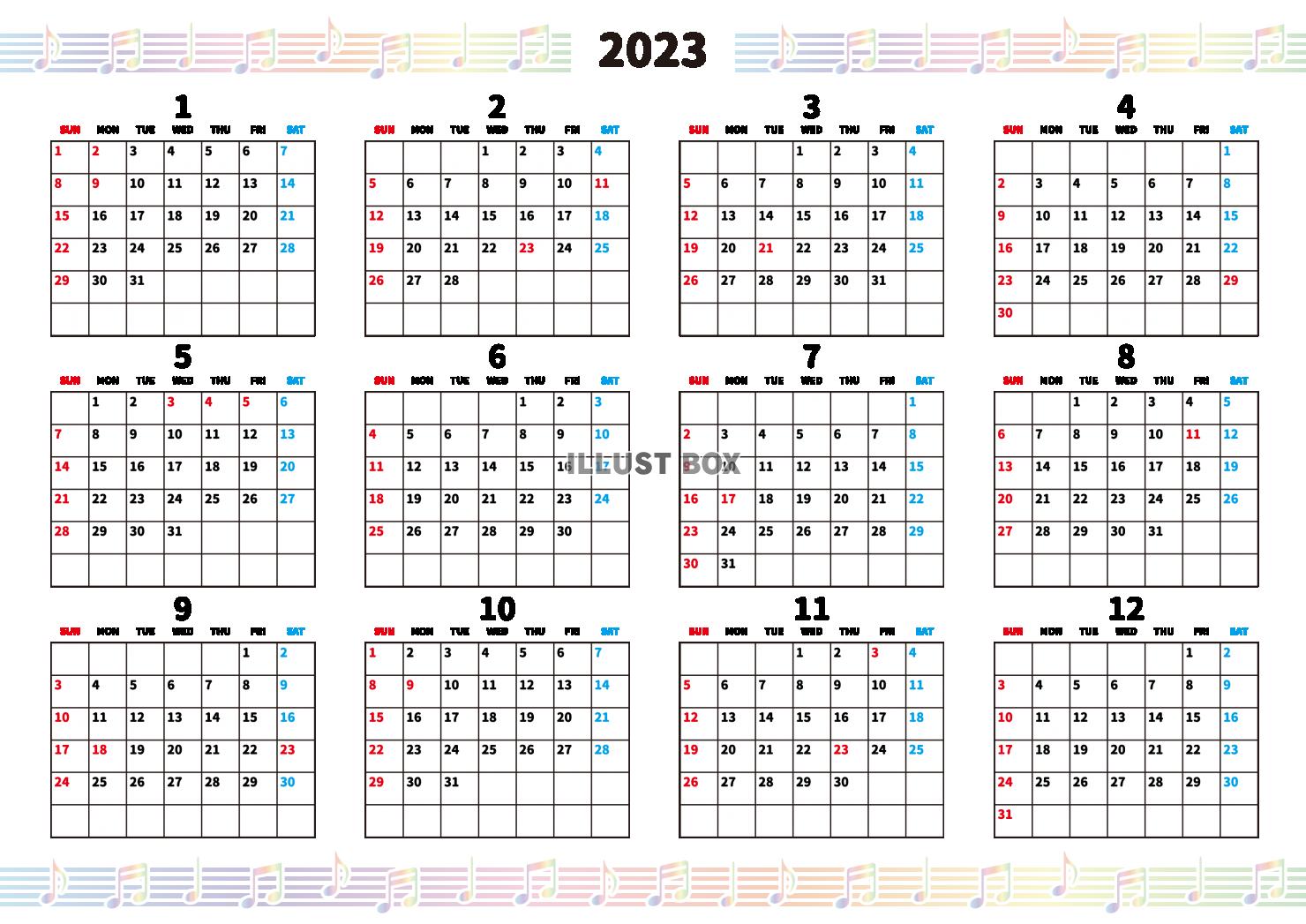 無料イラスト 2023年・カレンダー・年間・虹色五線譜と音符・横・スケジュ...