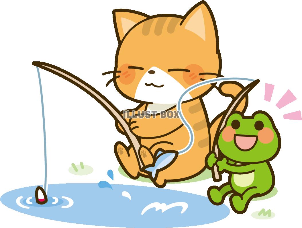 釣りをするネコとカエル