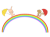傘を持って虹の上を歩く動物のイラスト