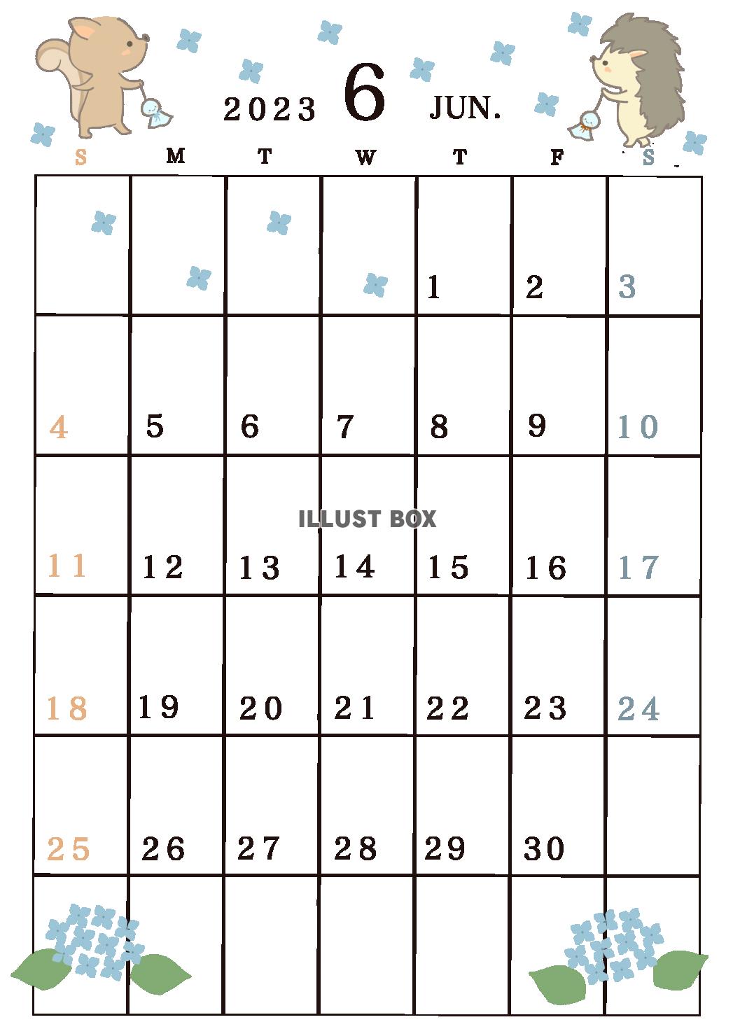 ２０２３年６月のカレンダー　ハリネズミとリス
