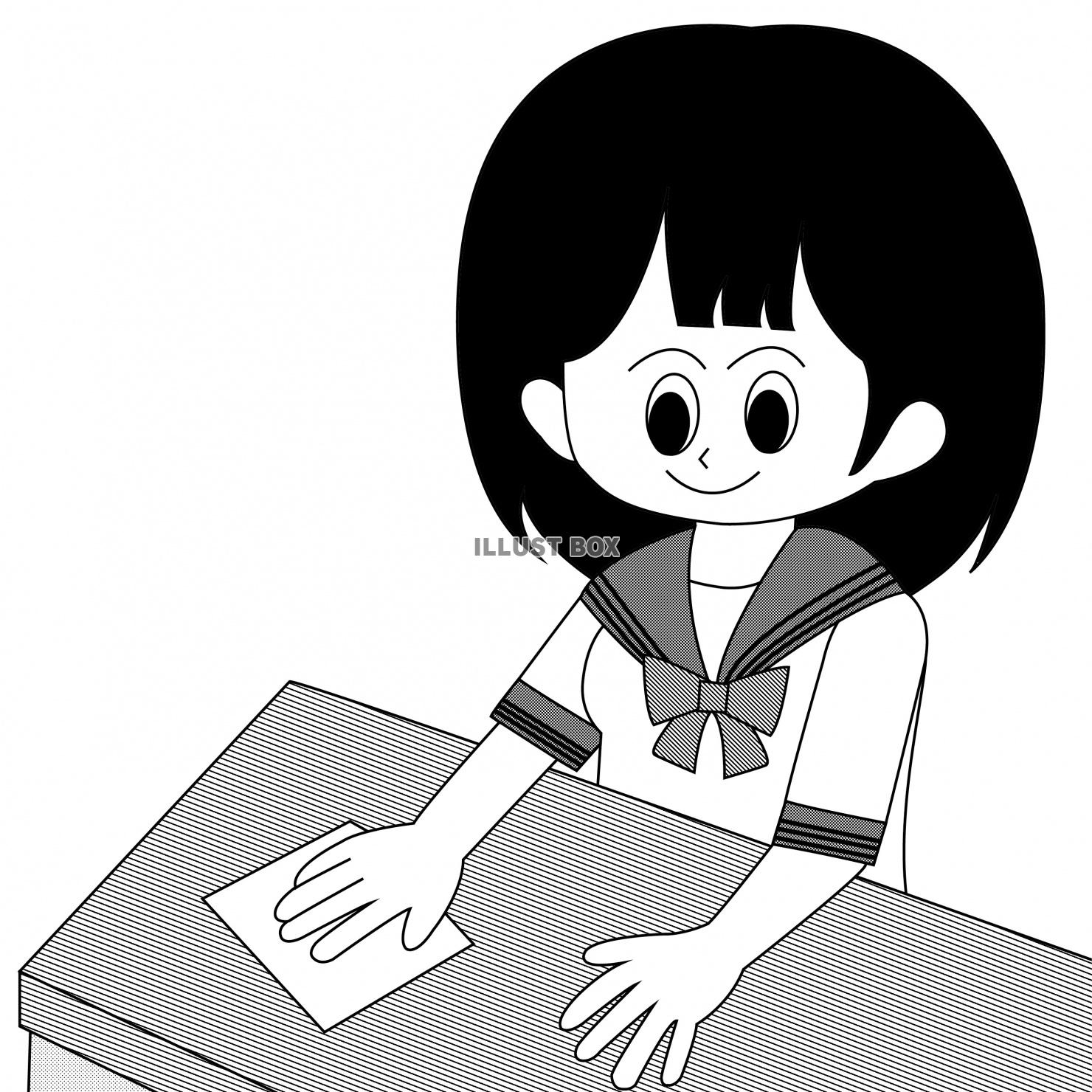 女子学生が学校の机をきれいに拭いているイラスト（白黒）