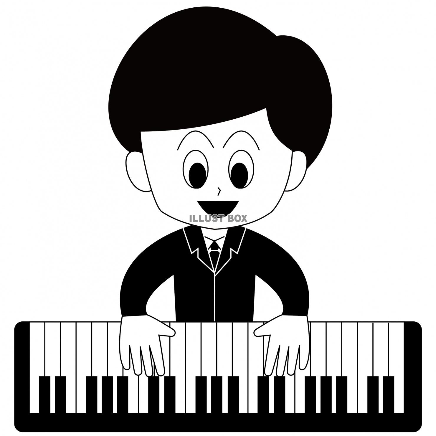 ピアノを弾く男性のイラスト（白黒）