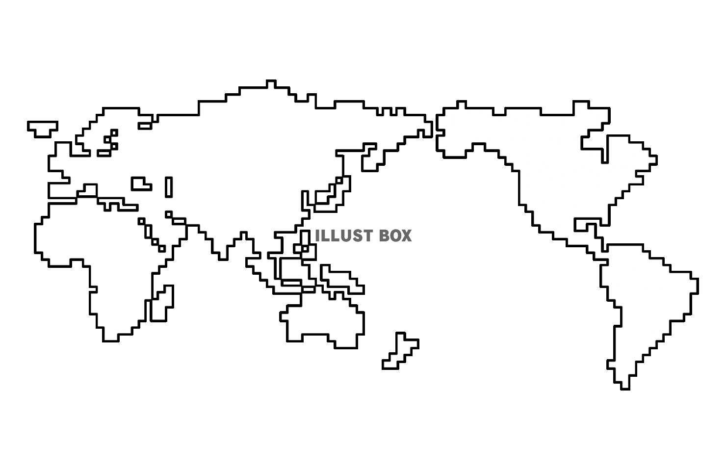 ドット絵風の世界地図の白黒イラスト