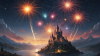 ファンタジーで幻想的な花火が綺麗な絵本の様な世界観背景[AI生成画像］