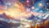宇宙や惑星と山並みが美しいファンタジーで幻想的な世界観背景[AI生成画像］