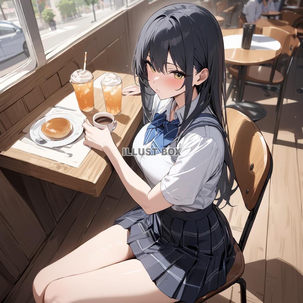 カフェの椅子に座る女子高生