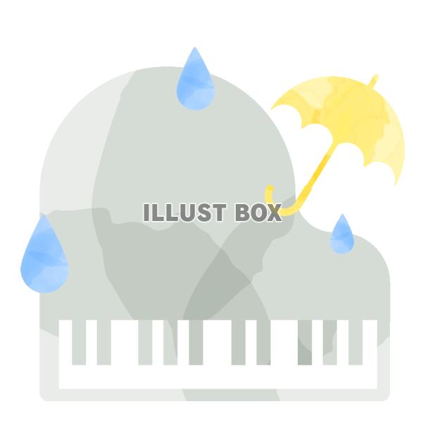 水彩風のピアノと傘と雨　灰色