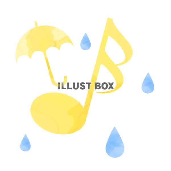 水彩風の音符と傘と雨　黄色